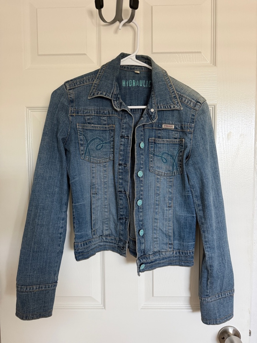 Hydraulic Blue Denim Jacket with Teal Buttons - Medium